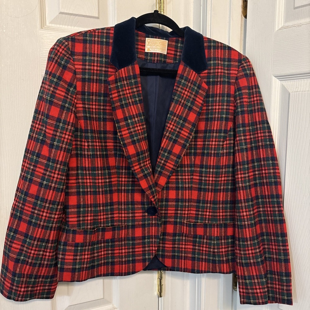 Pendleton Vintage Wool Blazer Velvet Collar Red Blue Plaid Jacket 10 T368-116